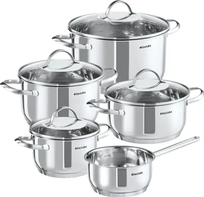 Produktbild von tectake® Kochtopfset Bologna II 9-teilig, aus Edelstahl, für Induktion geeignet integrierte Messskala in den Töpfen