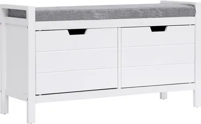 A white bench with a gray cushion and two columns of drawers.