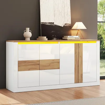Immagine prodotto di Mobile contenitore – Mobiletto da soggiorno – 140 x 35 x 70 cm – 4 ante – Ripiani interni regolabili – MDF – Stile moderno – Bianco naturale