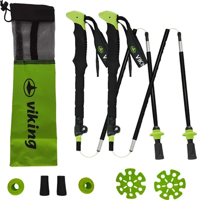 A set of trekking poles and accessories laid out on a white background.