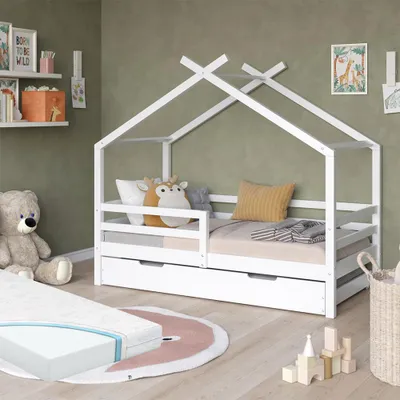 Produktbild von Vitalispa Hausbett Luni, 160 x 80 cm mit ausziehbarem Gästebett und Matratzen, Weiß