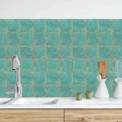 Produktbild von Küchenrückwand mit Motiv selbstklebend - 0.35 mm Wandpaneel wasserfest Design türkis Fliesenoptik Shabby Spritzschutz fugenlos