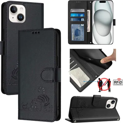 Produktbild von Leder Hülle für iPhone 15 Süße Katze Flip Case Brieftasche Schutzhülle mit Standfunktion Schwarz