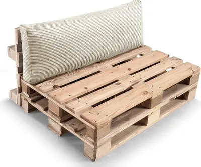A sofa cushion set made from wooden pallets and a beige cushion.