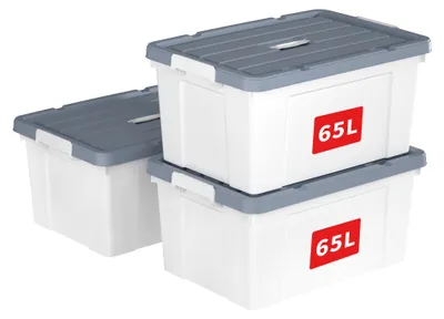 Obrázek produktu pro Cetomo, sada 3 úložných boxů o objemu 65 litrů, přenosné plastové boxy s víkem, organizátory s rukojetí a klipy, stohovatelné, zapadající do sebe, vhodné pro domácnost i kancelář, bílé, balení 3 kusů
