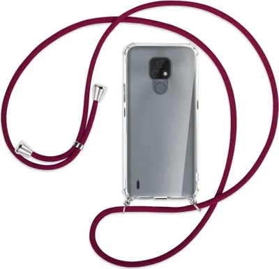 Produktbild von Handykette Backcover-Schutzhülle mit Band (Metall silberfarben) für Motorola Moto E7 - dunkelrot