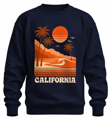 Productafbeelding van California Palmen, retro zonsondergang, surfen, Westkust, sweatshirt, trui, marineblauw, maat XL