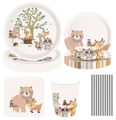 Image de Service de table festif "Dierenthema" - Ensemble de 68 pièces - Idéal pour les anniversaires d'enfants