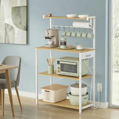 Zdjęcie produktu dla Półka kuchenna z 4 poziomami, stacją do ładowania i 8 haczykami | Wykończenie: biały dąb | Wymiary: 80 x 40 x 140 cm
