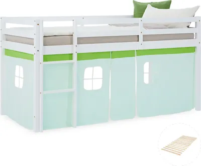 Obrázok produktu pre Homestyle4u detská podkrovná posteľ 90x200 s lamelovým rámom záclona zelená detská posteľ biele drevo masív borovica