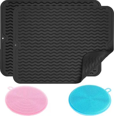 Produktbild von Unyqoos® 2er-Set Abtropfmatte für Geschirr 40×30 cm, Silikon, hitzebeständig & rutschfest, faltbare Spülbeckenmatte zum Besteckaufbewahren, inkl. 2 Silikon-Spülbürsten
