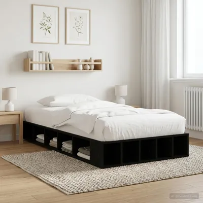 Immagine prodotto di Letto matrimoniale con contenitore e scaffalatura, finitura noce nero, dimensioni 80 x 200 cm