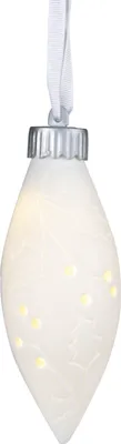 A white porcelain Christmas ornament with embedded LED lights.