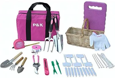 Produktbild von 49-teiliges Gartenwerkzeugset - rosa - inklusive Aufbewahrungskorb und Tragetasche
