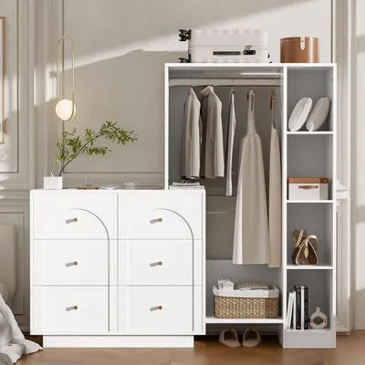 Produktbild von Merax Garderobenset, Kommode mit 6 Schubladen und offener Kleiderschrank mit Kleiderstange, Regale, Wandgarderobe, für Schlafzimmer, Flur, Weiß