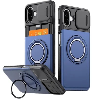 Produktbild von Handyhülle mit Kartenfach für Samsung Galaxy A06 / A07 5G/4G, Schiebe Kameraschutz, Ringhalter Ständer, Stoßfeste Schutzhülle Blau
