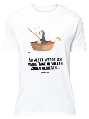 Produktbild von Mr. & Mrs. Panda Größe L T-Shirt Pinguin Angelboot - Weiß - Geschenk, mit Spruch, Angeln, Boot, Pinguine, Tshirt, Optimistisch, Shirt, Motivation