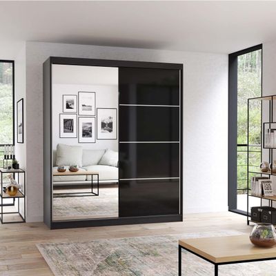 Schwebetürenschrank Kleiderschrank Schrank 183 cm Schwarz/Schwarz mit Spiegel Multi 31