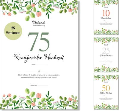 Produktbild von Frank Paperman® | 75. Hochzeitstag | Ehejubiläum | Geschenk eiserne Hochzeit | Urkunde Hochzeitstag | floral | Vordruck im DIN-A4-Format