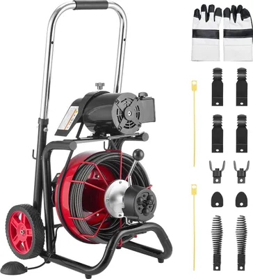 Zdjęcie produktu dla Maszyna do czyszczenia rur – elektryczny urządzenie do czyszczenia rur – spirala Ø10,5 mm x 30 m – automatyczny posuw – głowice tnące (8x) – pneumatyczny przełącznik nożny – do rur o średnicy 50–100 mm