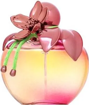 A perfume bottle with a floral design.