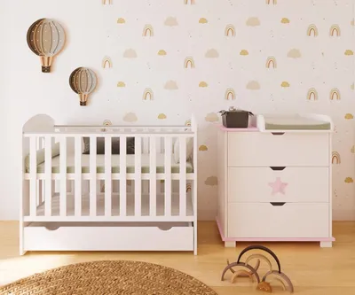 Immagine prodotto di ZEE STAR Set Cameretta Neonato Lettino 120x60 Con Cassetto E Cassettiera Fasciatoio Design Scandinavo Mobile Neonato Stella Rosa