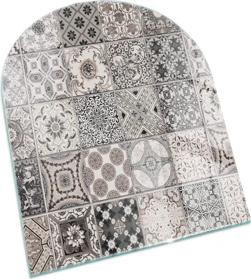 Produktbild von Dekorative Fliesenmuster – Glasbodenplatte für – Kaminofen – Kaminplatte Glas – Schutzglas – Funkenschutzplatte –Glasbodenplatte Feuerfeste – Hitzeschutzplatte – Bodenschutz aus Glas – 80x70 cm