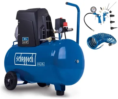 Produktbild von Scheppach Kompressor HC63 inkl. 10 m Druckluftschlauch und 13-tlg. Zubehör-Set | 10bar | 1500W | 50L Kessel | Ansaugleistung 173 L/min | ölgeschmiert