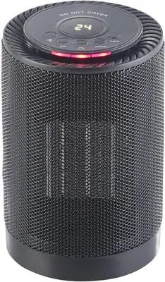 A black ceramic heater with a digital display and controls on top, set against a white background.