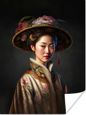 Produktbild von MuchoWow® Poster Frau - Porträt - Blumen - Hut - Asiatisch 30x40 cm - Wandplakat - Poster Kinderzimmer