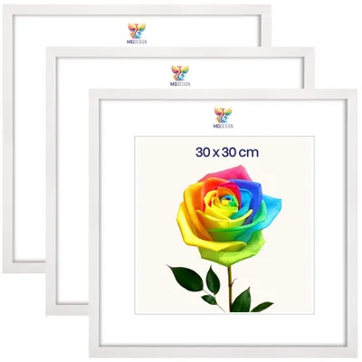 Obrázek produktu pro MG Design, sada 3 kusů rámečků na obrázky, rozměr 30 x 30 cm – rámečky na plakáty s rámem z masivního dřeva v bílé barvě a odolným akrylovým sklem, vhodné pro vertikální i horizontální formáty, s robustním systémem pro zavěšení na zeď