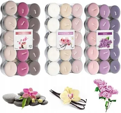 Produktbild von Duftkerzen, Teelichter, Kerze, Telicht, ideal für Kamine, Paraffin, Brenndauer 4H, 90 Stück, Vanille, Orchidee, Flieder