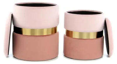 Image de Lot de 2 poufs de rangement Zora en velours rose et or