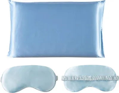 Produktbild von 1 Stück Seiden Kissenbezug 50x66cm für Haar und Haut Beide Seiten Natürliche Kissenbezug Seide mit Augenmaske, blau