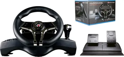 A gaming steering wheel, pedals, and its packaging are displayed against a white background.