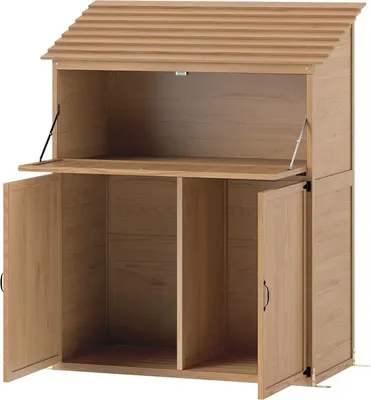 Produktbild von Gartenschrank aus Holz mit Stufen-Pultdach, klappbarer Ablage & Doppeltüren, Brown