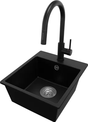 Produktbild von PRIMAGRAN Granitspüle Schwarz 38x44cm, Spülbecken 1 Becken + Küchenarmatur 40x20cm + Ablauf-Set, Küchenspüle ab 40er Unterschrank - Riga Easy