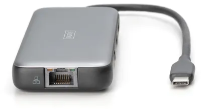 Zdjęcie produktu dla Digitus Stacja dokująca USB-C, 8-portowa, Przewodowa, USB 3.2 Gen 2 (3.1 Gen 2) Type-C, 100 W, 1.4/2.2, 10,100,1000 Mbit/s, Czarny, Szary