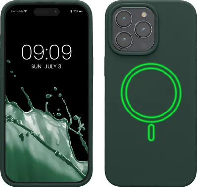 Produktbild von kwmobile Hülle kompatibel mit Apple iPhone 15 Pro Max Hülle - magnetisches Silikon Case kompatibel mit MagSafe - Cover gummiert Moosgrün