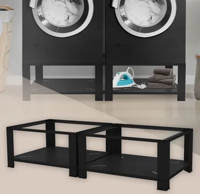 Produktbild von ML-Design Doppel Waschmaschinen Untergestell mit 2 Ablagen, Schwarz, 128x54 cm bis 150kg, Stahl, Waschmaschinensockel, Doppeluntergestell Doppelpodest