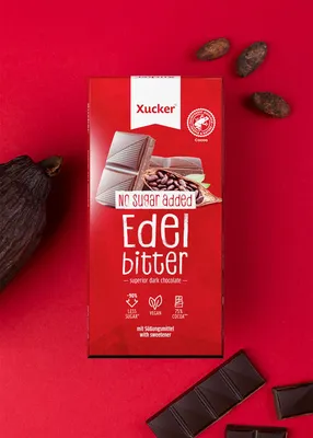 Produktbild von Xucker Edelbitterschokolade mit Xylit und 75% Kakaoanteil, vegan, 80g