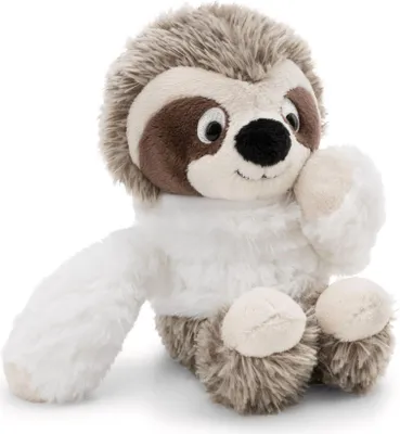 A stuffed sloth toy sitting on a white background.