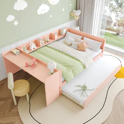 Produktbild von MODFU Jugendbett Kinderbett mit Ausziehbett,140x200cm,Doppelbett mit Schreibtisch&Regalen,Holzbett,Ohne Matratze,Rosa