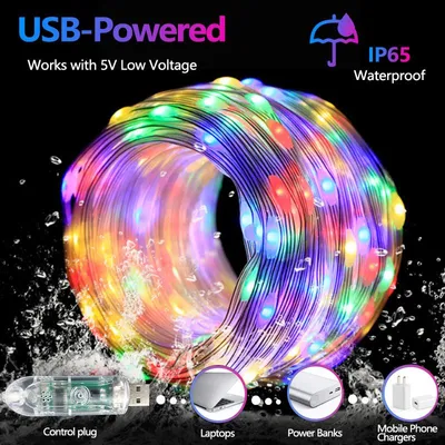 A coiled string of colorful LED lights with water splashes around the USB connector and icons indicating power sources.