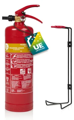 Obrázek produktu pro Pěnový hasicí přístroj, objem 2 litry, určený pro domácnosti a vozidla, s nástěnným držákem