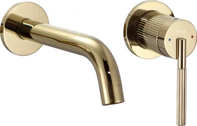 A gold-colored wall-mounted faucet and its control handle are shown against a white background.