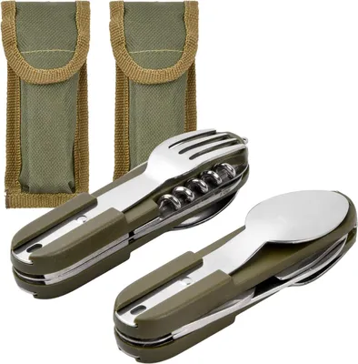 Produktbild von 8-in-1 Edelstahl Besteckset - 2-teiliges Camping Besteckset - Faltbar - Outdoor Reisebesteck für Wandern - Reisen - Backpacker - Picknick - Outdoor - Camping (Grün)