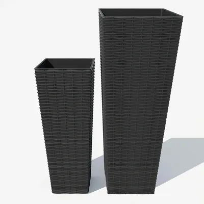 Immagine prodotto di Vasi da fiori in stile rattan - Set da 2 vasi rettangolari alti - 61 cm + 81 cm - Plastica per esterni - Inserti rimovibili - Fori di drenaggio - Nero