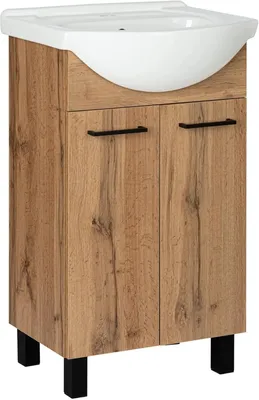 Produktbild von VBChome Badmöbelset 50 cm mit Waschbecken aus Keramik und Unterschrank mit Tür – Flexibel montierbar, stilvolles Design in Schwarz und Holz-Laminat
