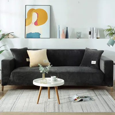 Obrázek produktu pro Sametový potah na pohovku 1 Seater- Soft Stretch Couch Cover Non-Slip Sofa Cover Plush Sofa Slipcovers with 1 Cushion Cover for Living Room, Dark Grey, 1-Seater